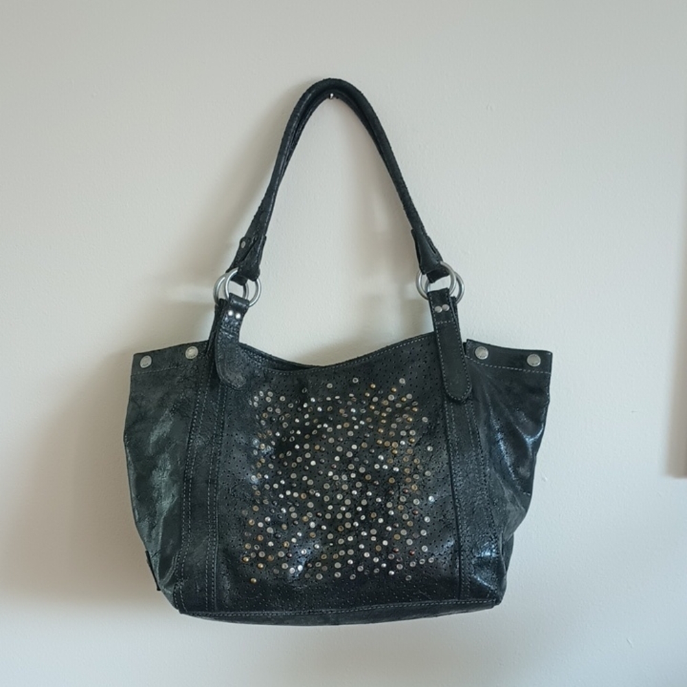 Frye Deborah Distressed Black Studded Tote Bag